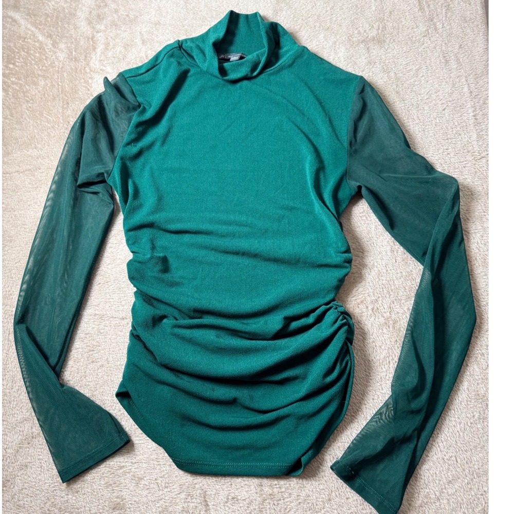 Adrianna Papell Emerald Green Ruched Mock Neck Top Sheer Mesh Sleeves Small